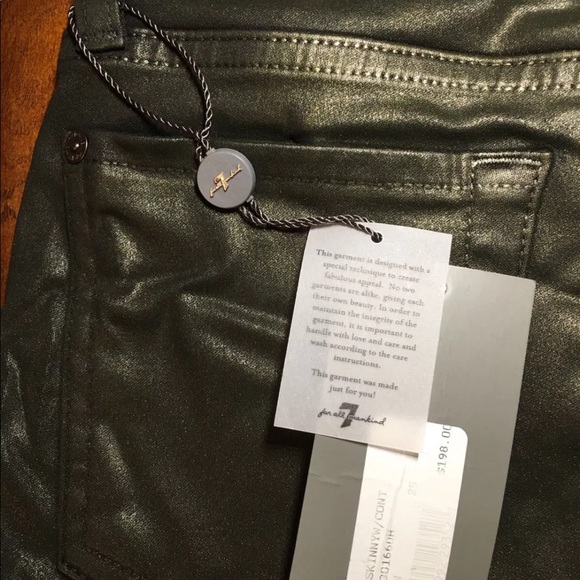 7 For All Mankind Skinny Low Rise Dark Green Coated Leather-look Jeans 24 25 new - Picture 8 of 9